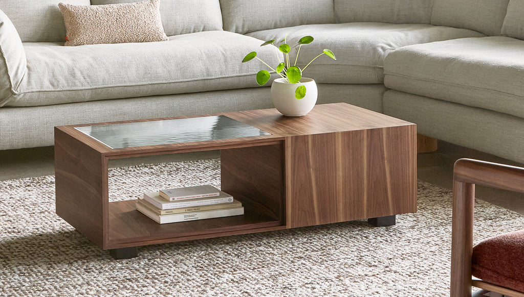 Gus* Modern Conway Coﬀee Table in a styled room setting
