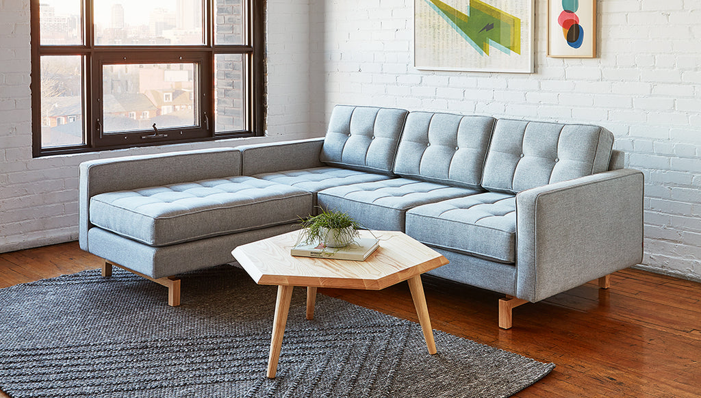 Gus* Modern Jane 2 LOFT Bi-Sectional Natural Finish Base in a styled room setting