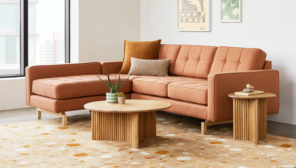 Gus* Modern Jane 2 LOFT Bi-Sectional Natural Finish Base in a styled room setting