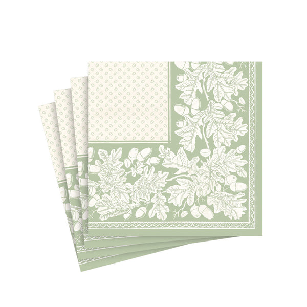 Oak Leaves & Acorns Paper Linen Cocktail Napkins in Sage Green/Ivory - 15 Per Package - touchGOODS